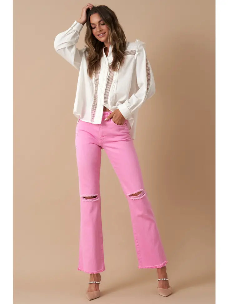 High Rise Slim Straight Relaxed Pink Denim