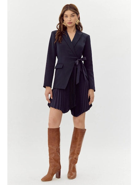 Kiara Tie Waist Pleated Blazer Dress – Leera Boutique