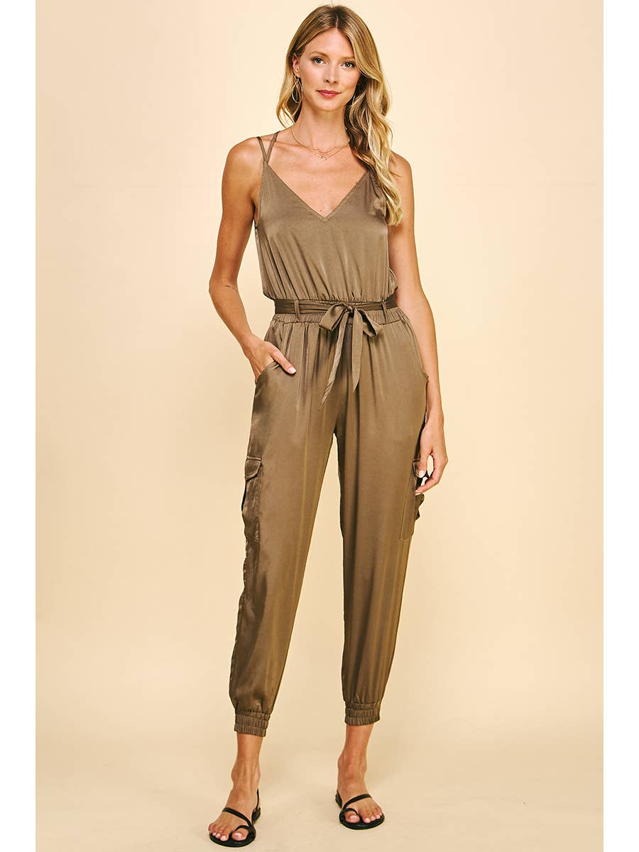 Alice Sleeveless Satin Jumpsuit - Olive