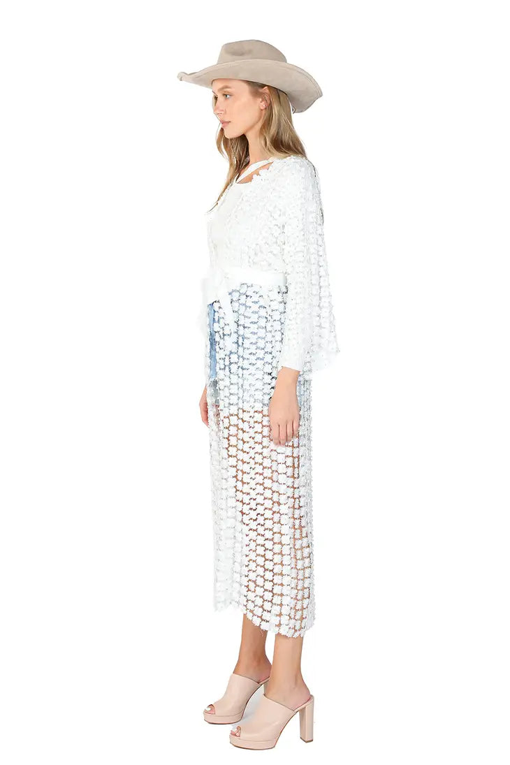 Flower Mesh With Pearl Beads Kimono - White