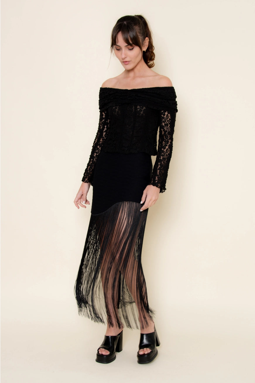 Camila Asymmetric Fringe Maxi Skirt