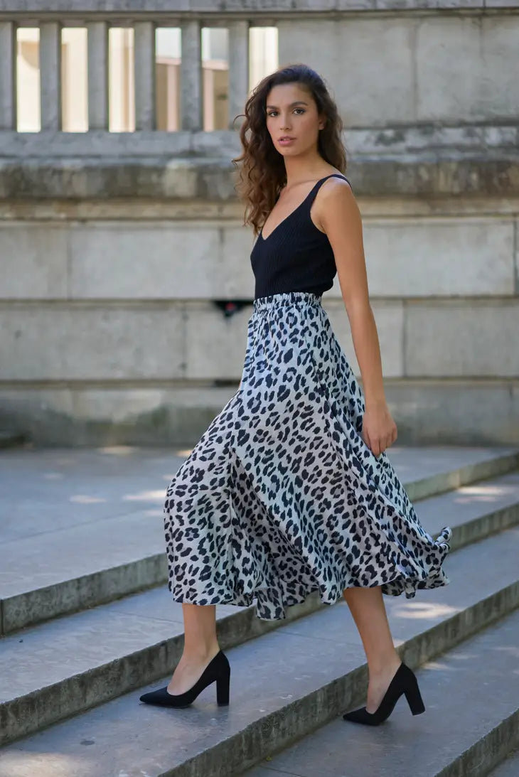 Leopard Satin Midi Skirt