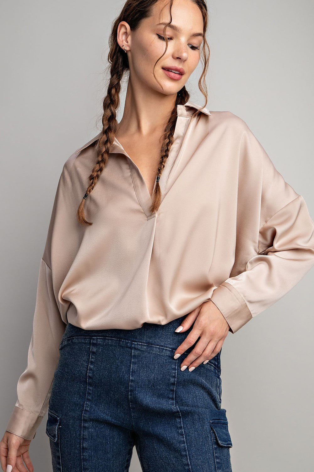 Linda Tab Collar Blouse Top - Curvy