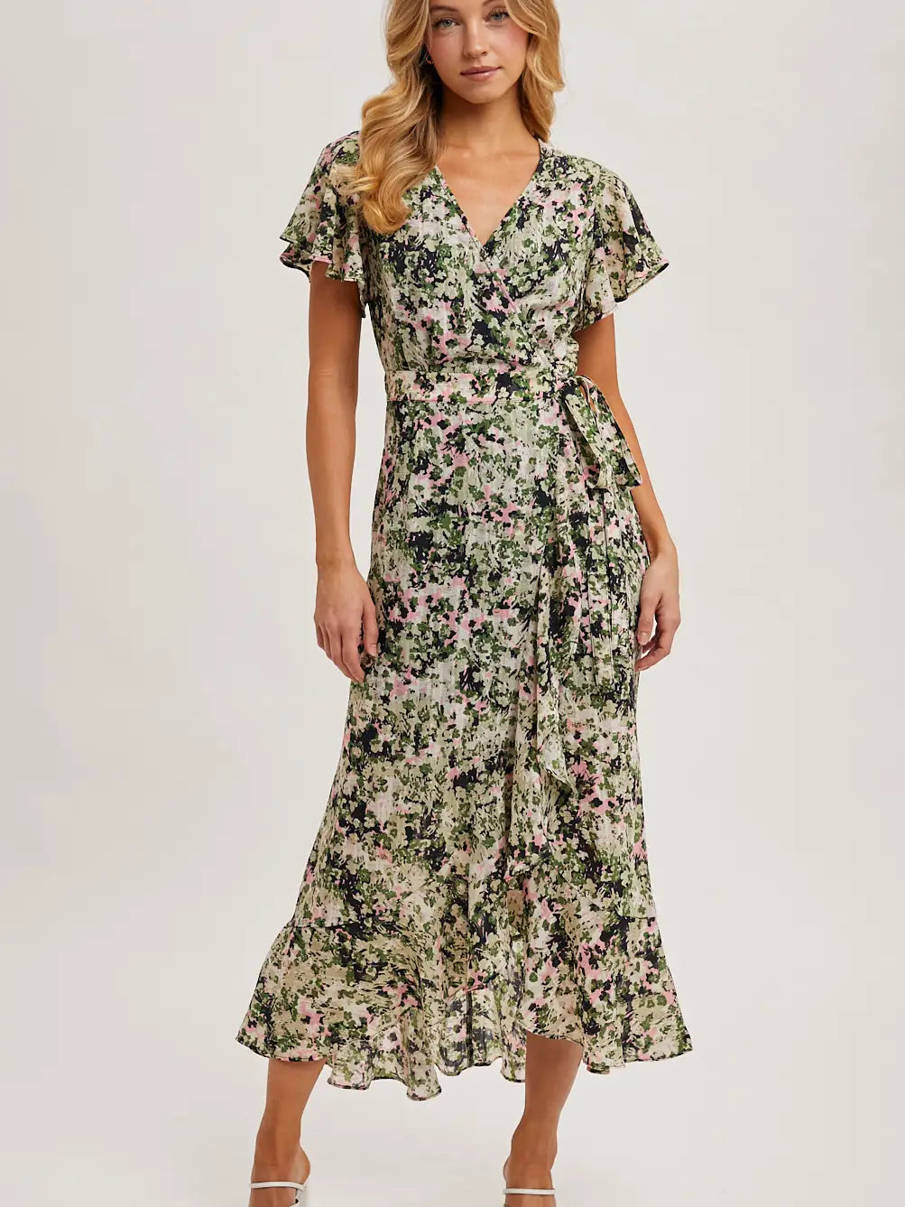 Georgia Floral Print Wrap Ruffled Midi Dress