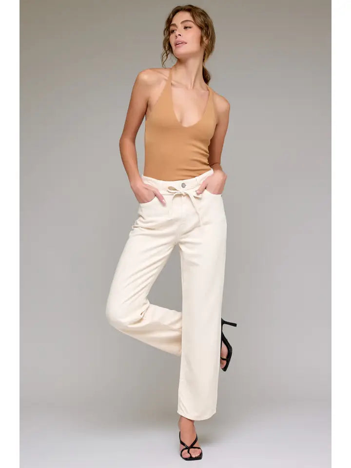Ella Ecru Wash Tie Waist Clean Wide Straight
