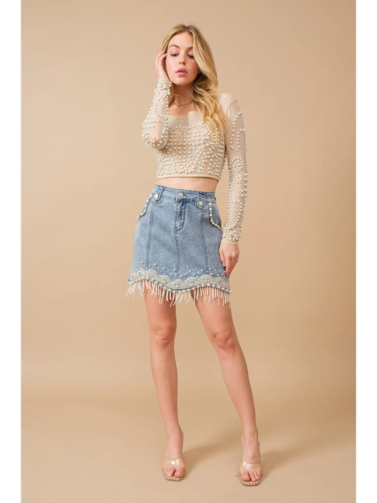 Callie Denim Embellished Pearl Mini Skirt