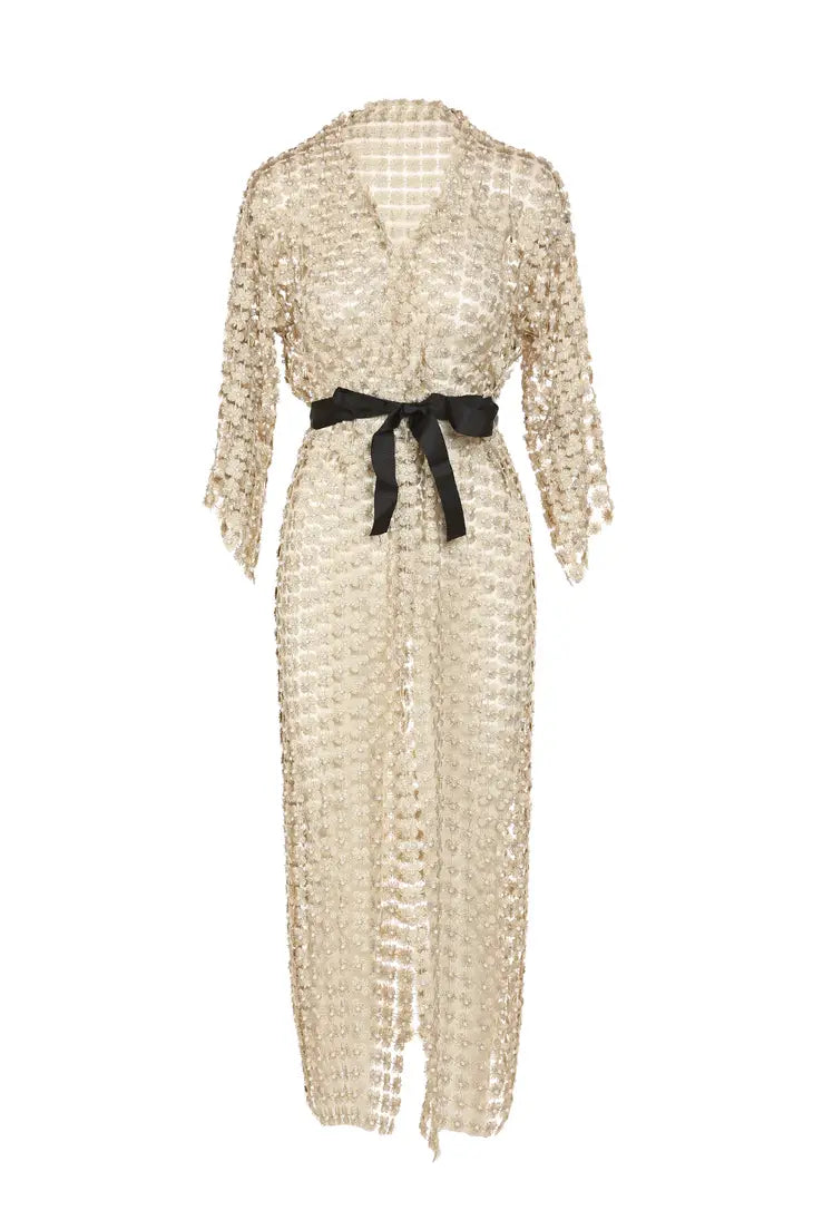 Flower Mesh With Pearl Beads Kimono - Gold