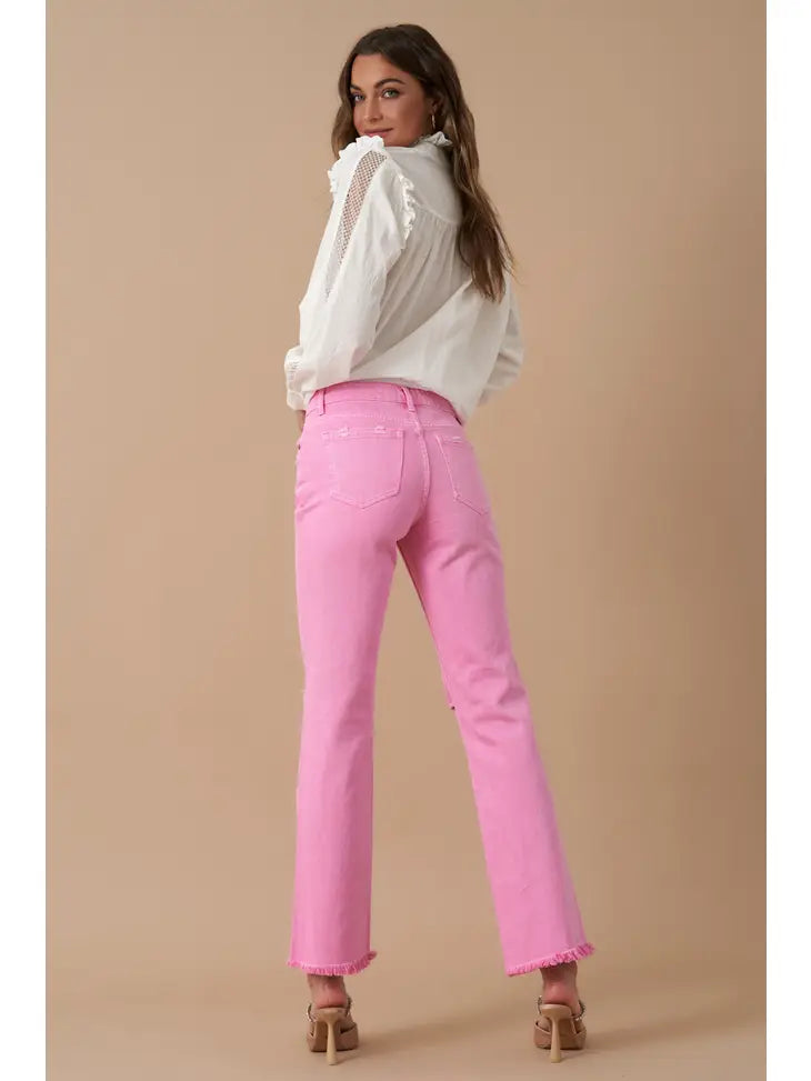 High Rise Slim Straight Relaxed Pink Denim