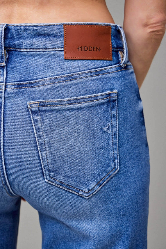 Happy Dark Wash Pintuck Mid Rise Comfort Flare