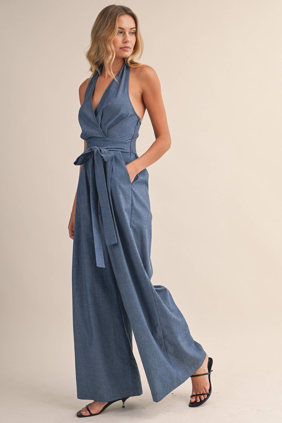 Rochelle Denim Halter Jumpsuit
