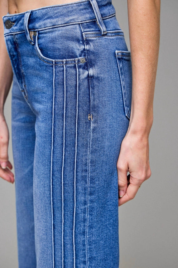 Happy Dark Wash Pintuck Mid Rise Comfort Flare
