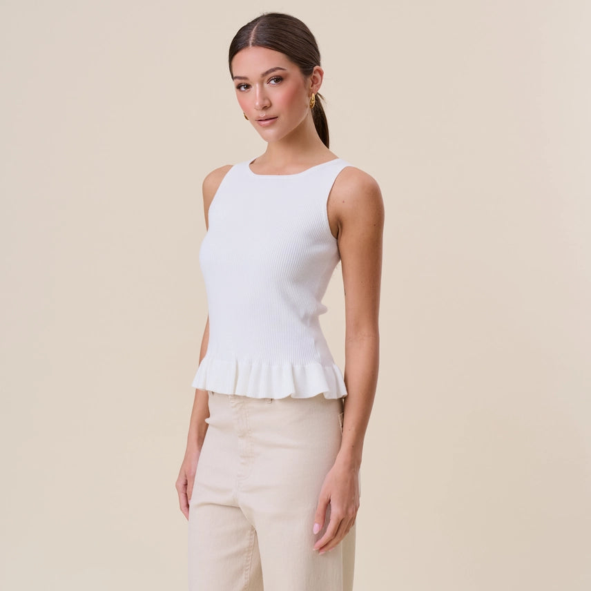 Selina White Ruffle Rib-Knit Top