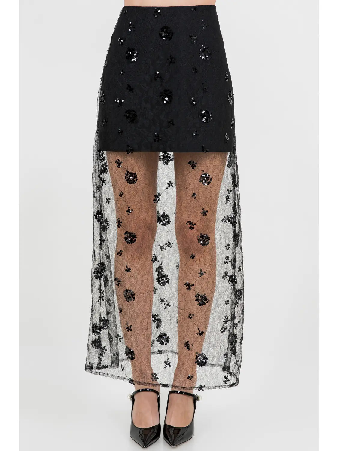 Lacy Sequined Lace Midi Skirt