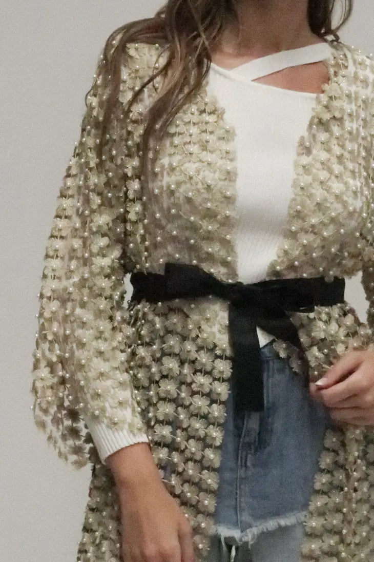 Flower Mesh With Pearl Beads Kimono - Gold