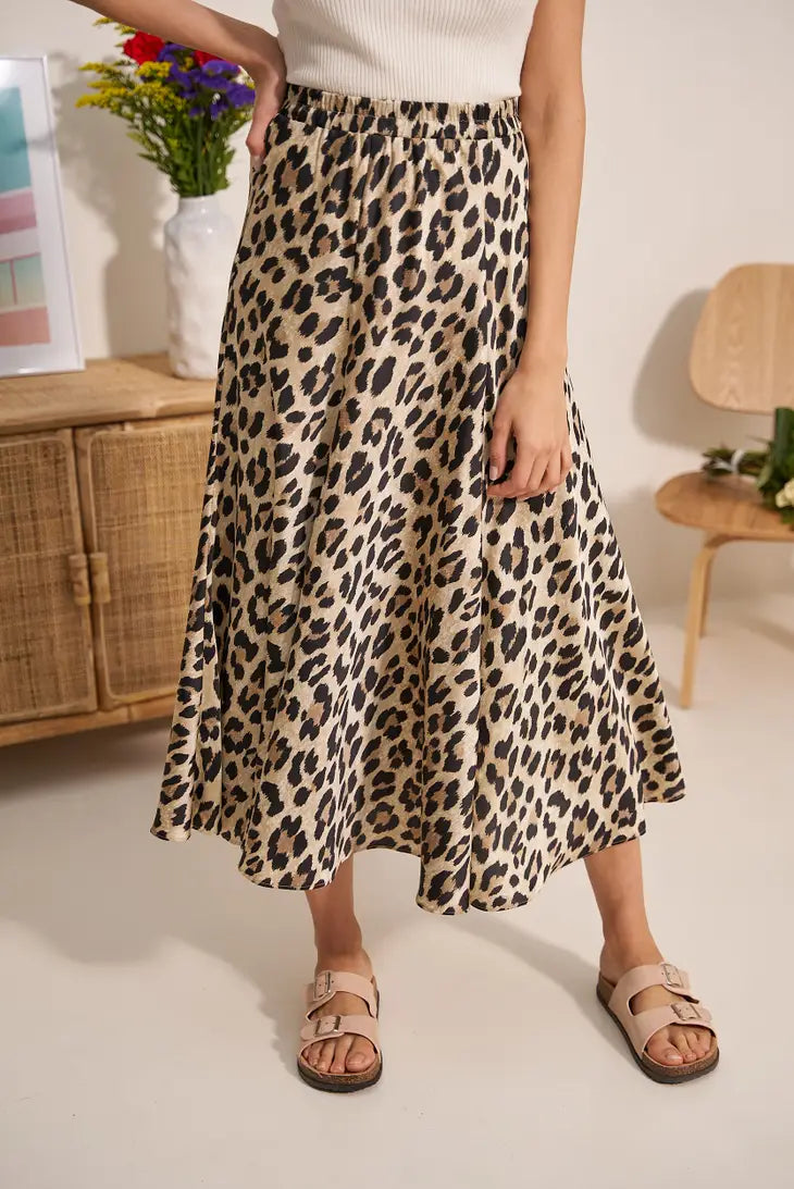 Leopard Satin Midi Skirt