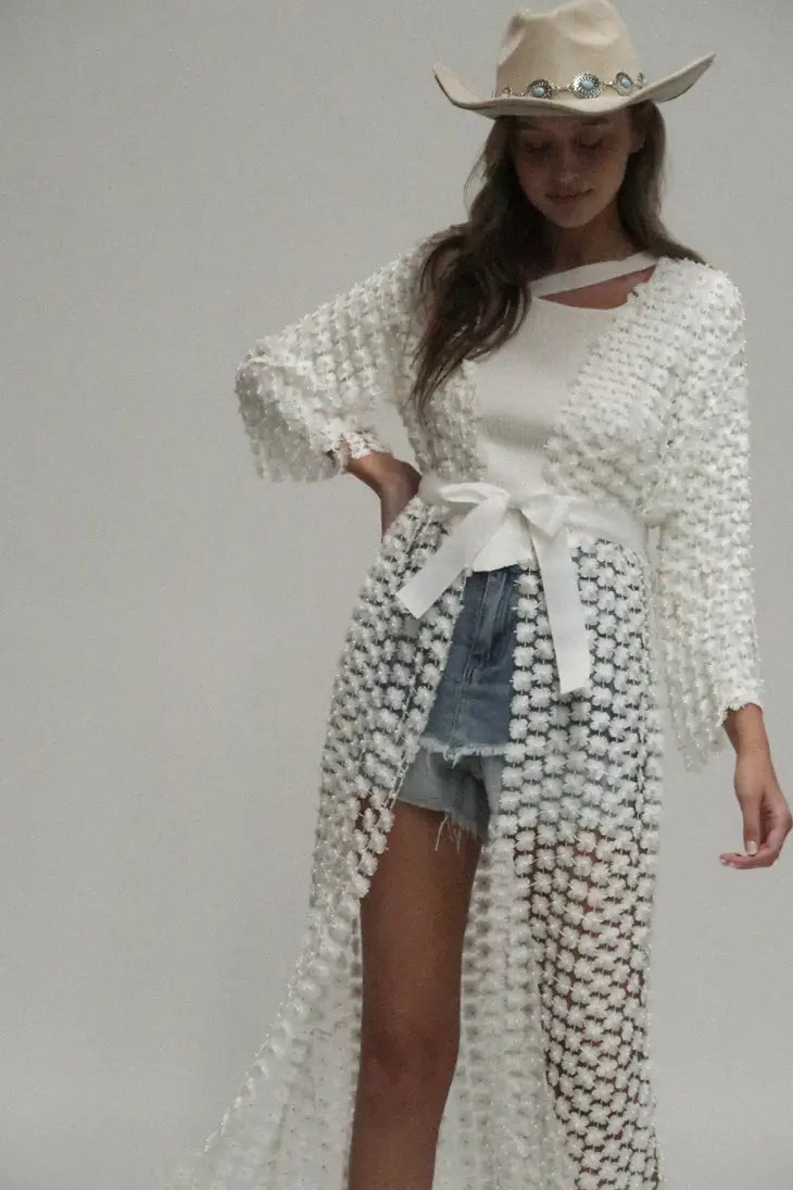 Flower Mesh With Pearl Beads Kimono - White