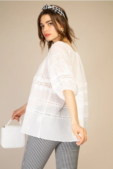 Destiny Oversized Cotton Blouse with Perforated Lace