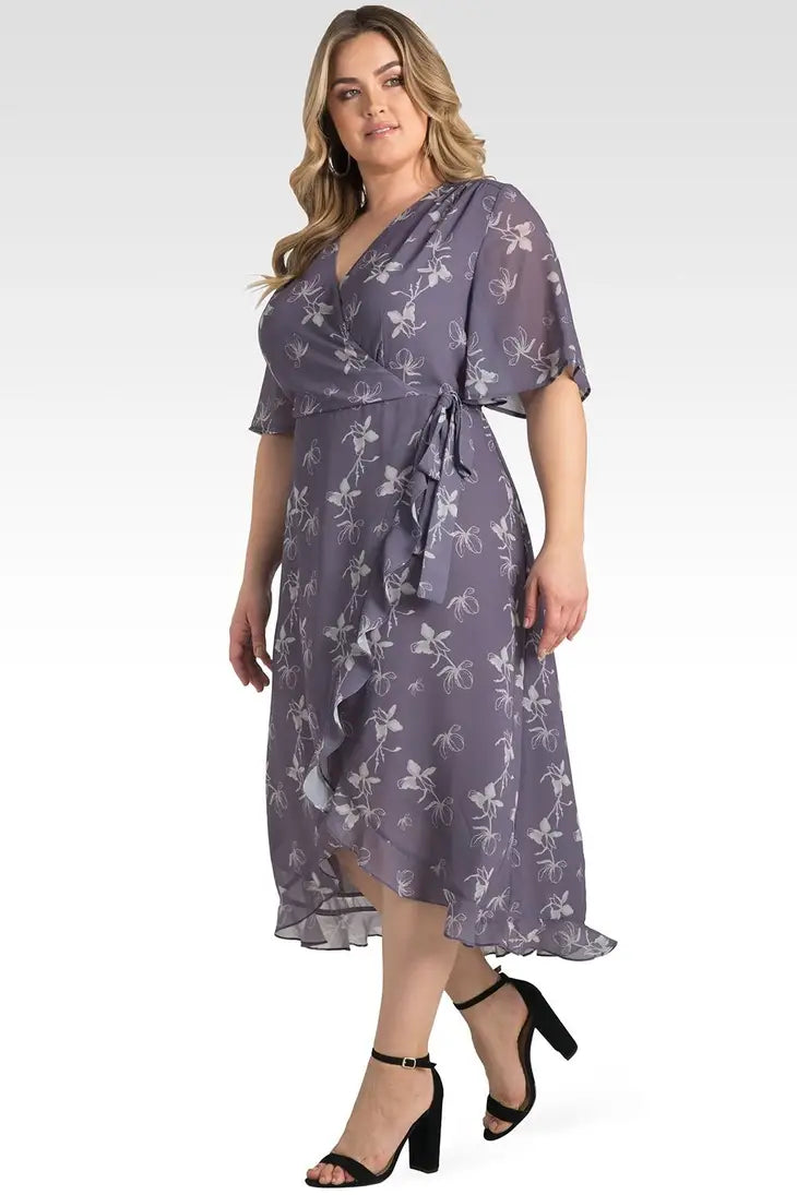 Lavender Flutter Sleeve Wrap Dress