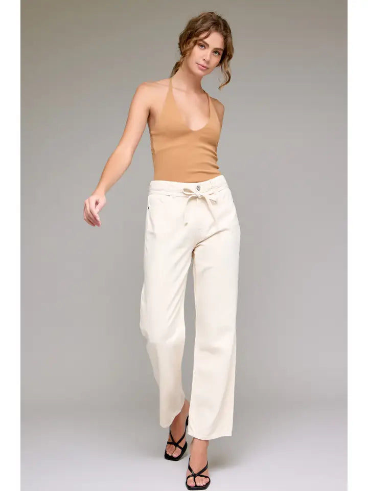 Ella Ecru Wash Tie Waist Clean Wide Straight