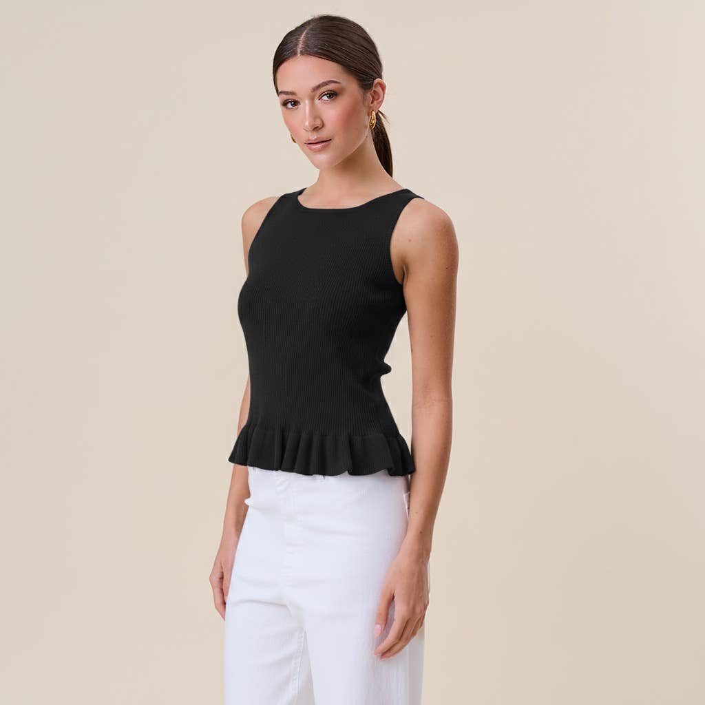 Selina Black Ruffle Rib-Knit Top
