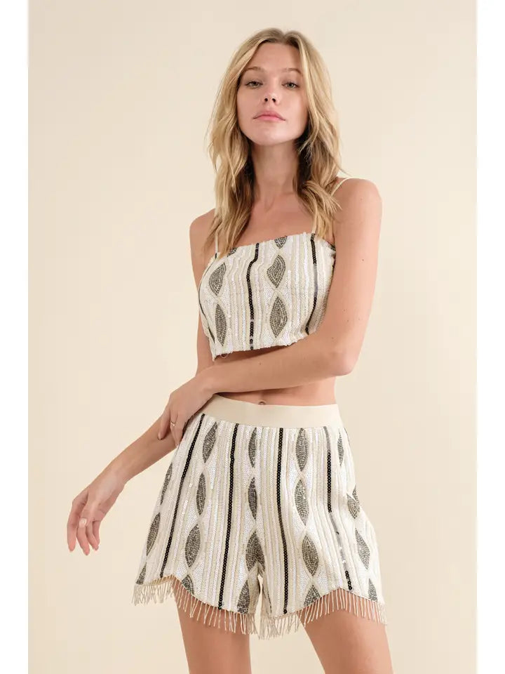 Mae Geo Sequin Fringe Shorts Set