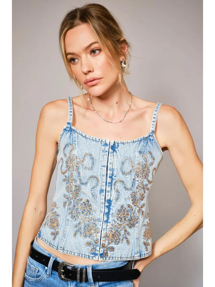 Caroline Embroidered Denim Corset Top