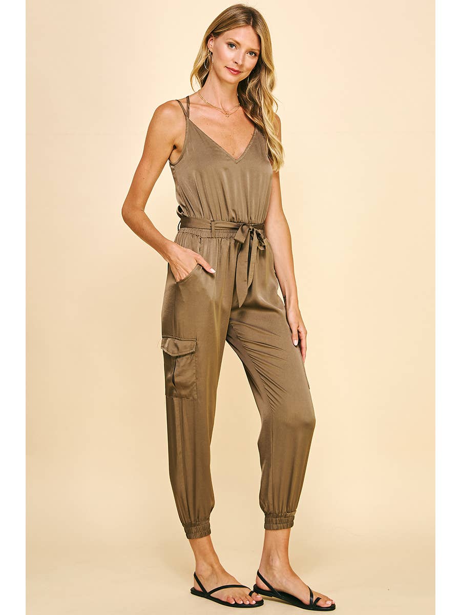 Alice Sleeveless Satin Jumpsuit - Olive