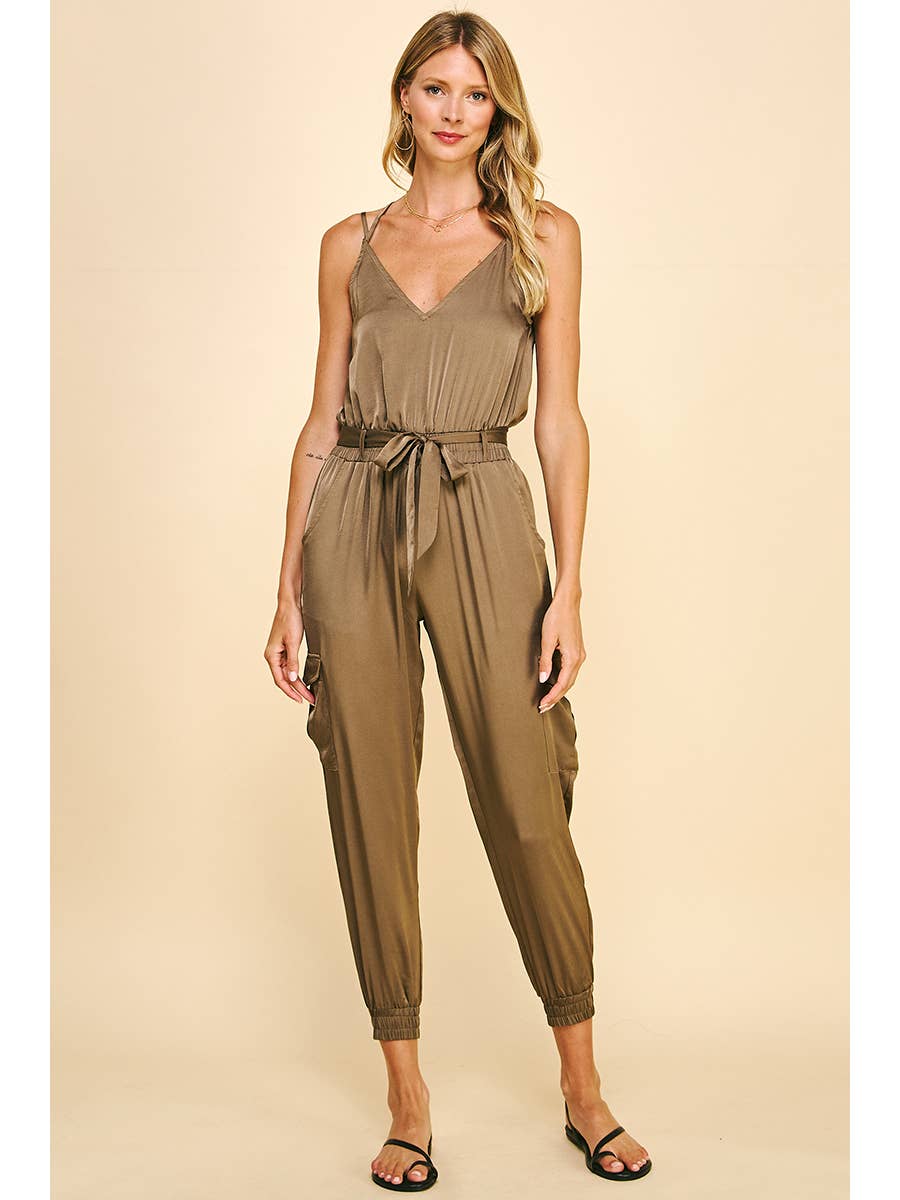 Alice Sleeveless Satin Jumpsuit - Olive