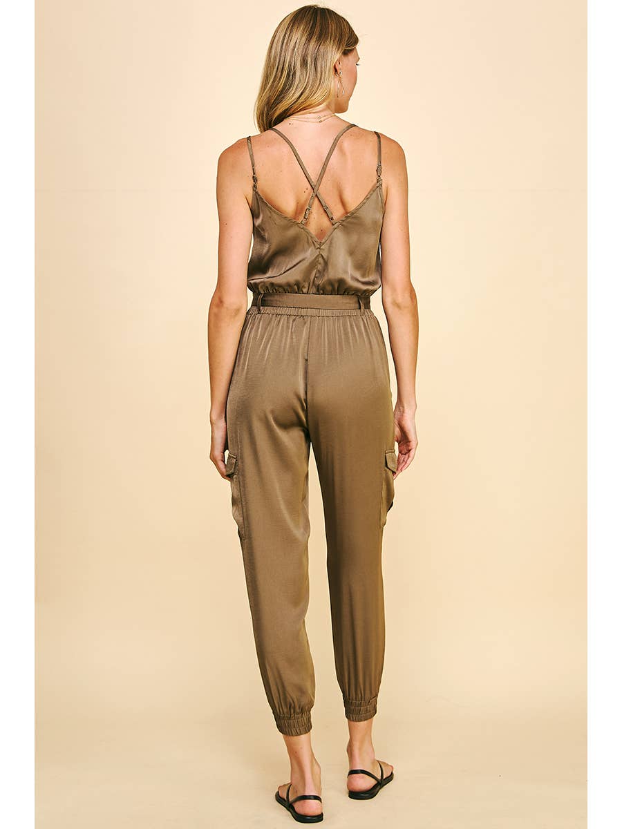 Alice Sleeveless Satin Jumpsuit - Olive
