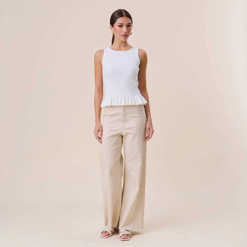 Selina White Ruffle Rib-Knit Top
