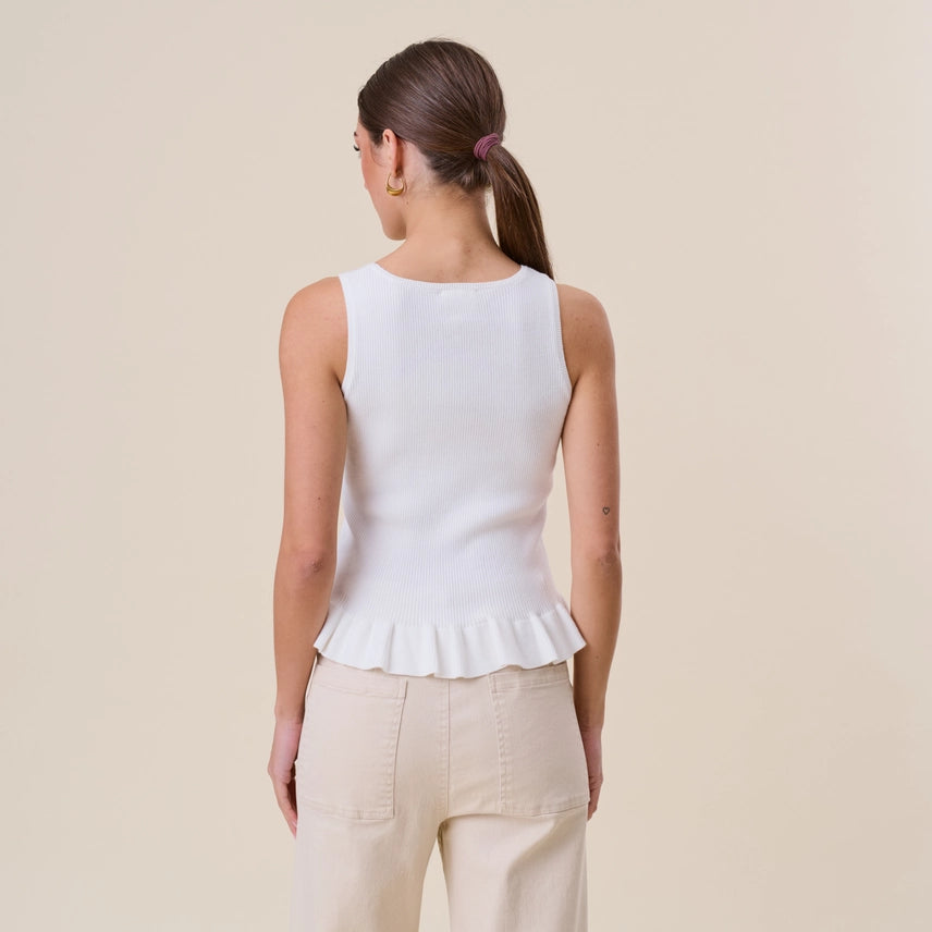 Selina White Ruffle Rib-Knit Top