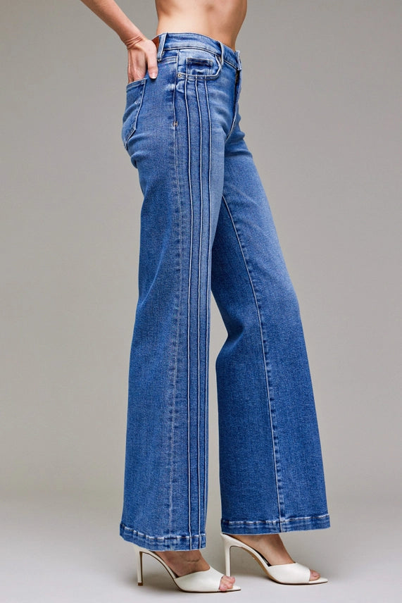 Happy Dark Wash Pintuck Mid Rise Comfort Flare
