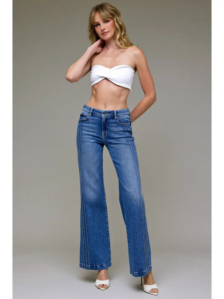Happy Dark Wash Pintuck Mid Rise Comfort Flare