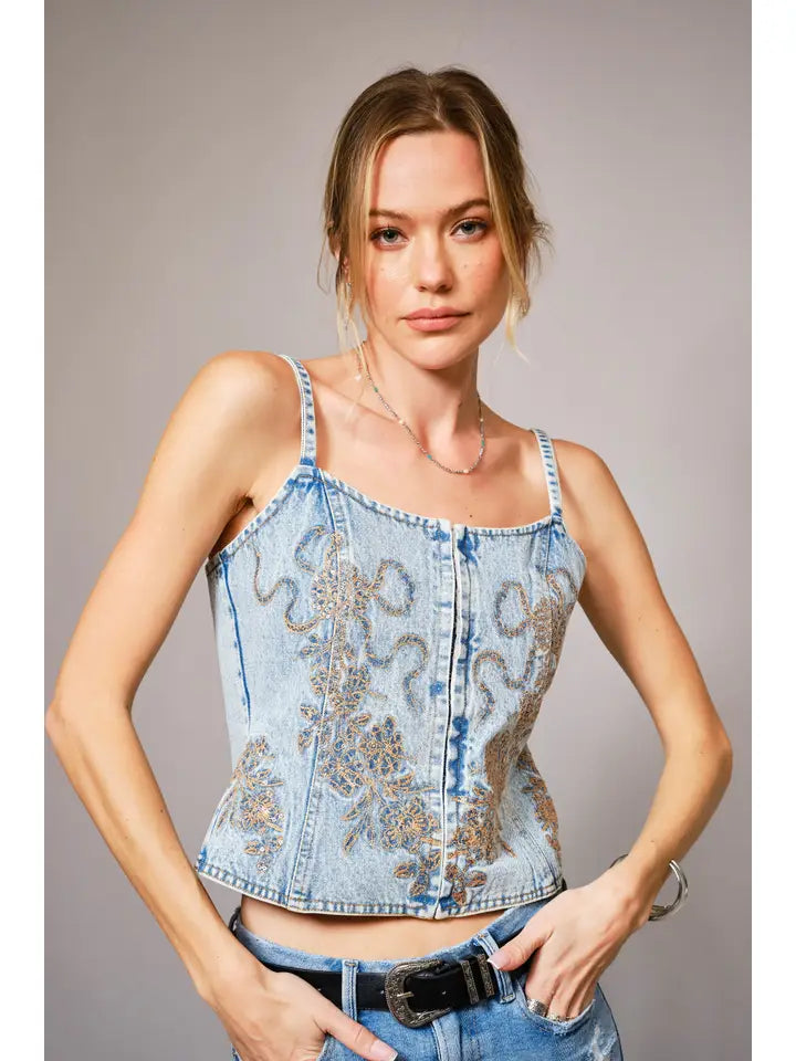 Caroline Embroidered Denim Corset Top