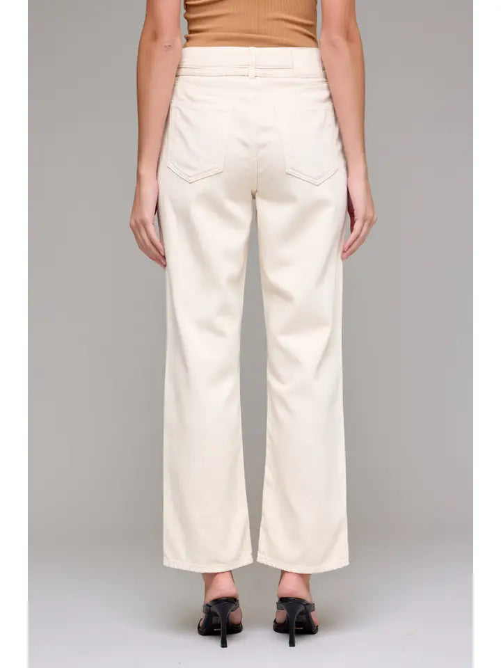 Ella Ecru Wash Tie Waist Clean Wide Straight