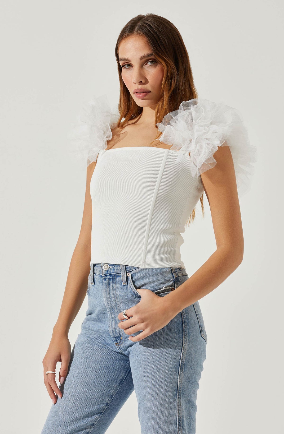 Calla Off Shoulder Tulle Sleeve Top - White