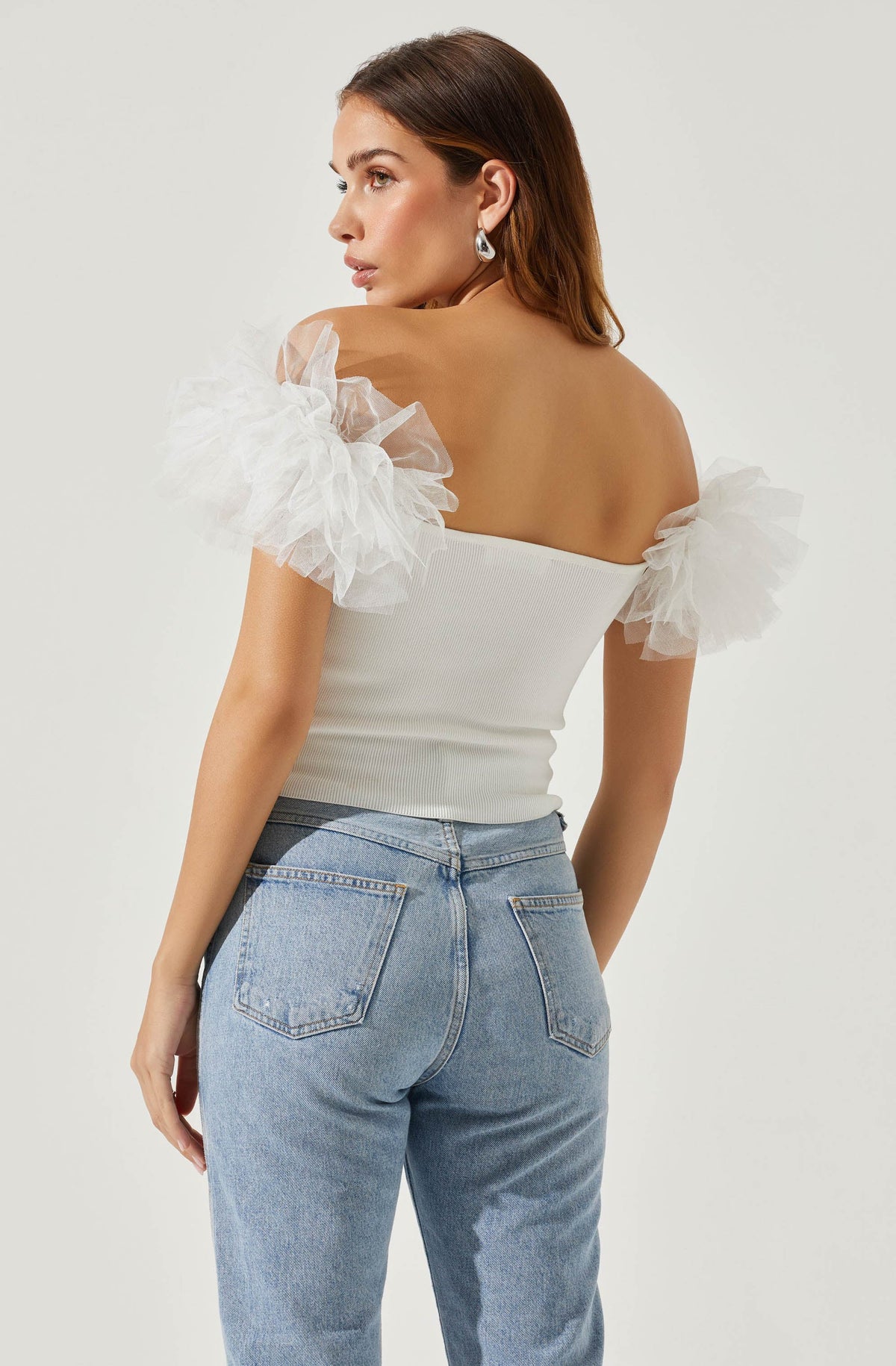 Calla Off Shoulder Tulle Sleeve Top - White