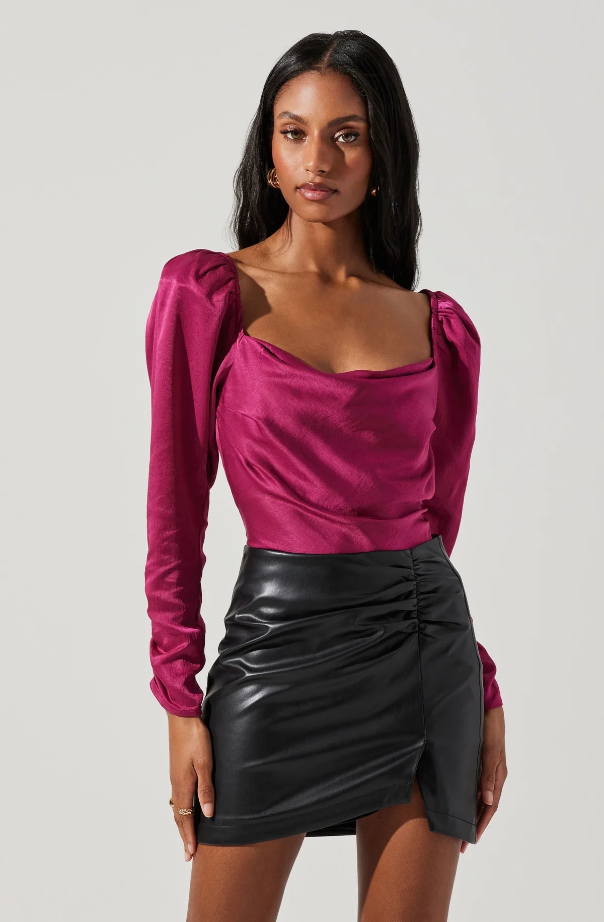 Katija Satin Cowl Neck Puff Sleeve Top - Fuchsia