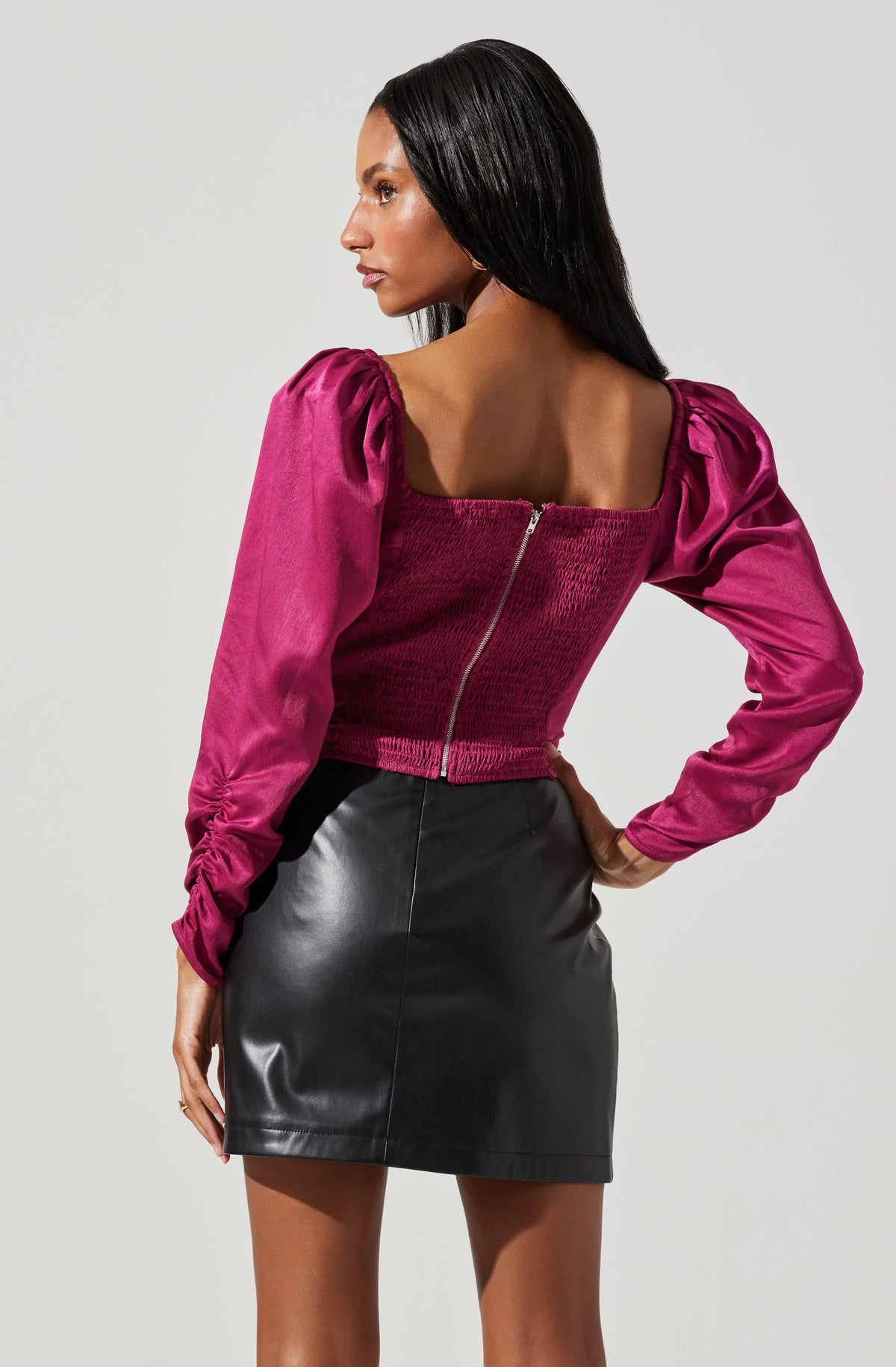 Katija Satin Cowl Neck Puff Sleeve Top - Fuchsia