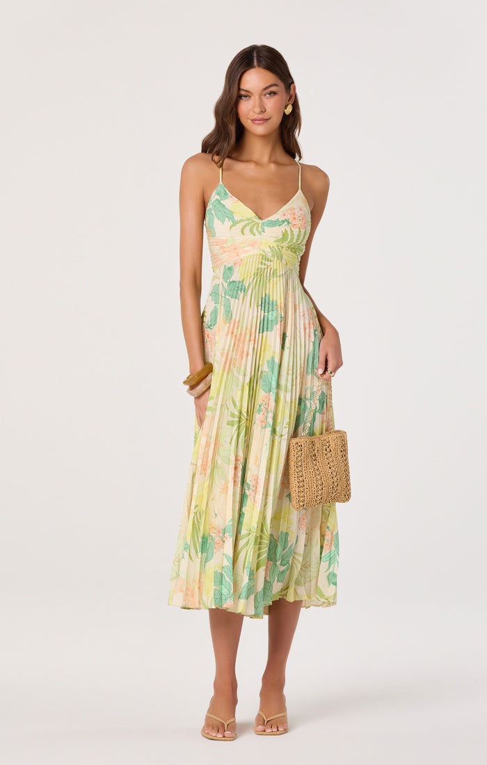 Blythe Green Peach Tropical Midi Dress