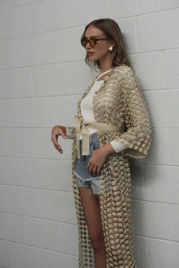 Flower Mesh With Pearl Beads Kimono - Gold