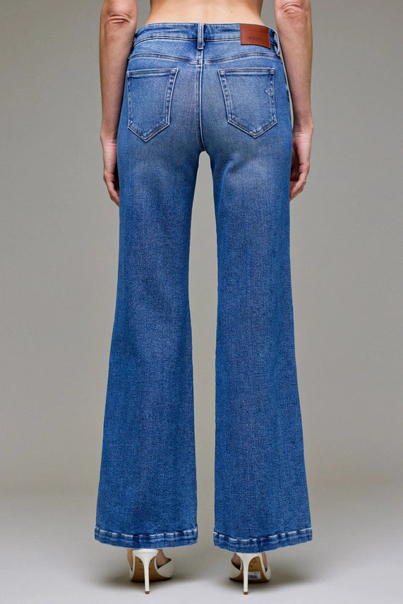 Happy Dark Wash Pintuck Mid Rise Comfort Flare