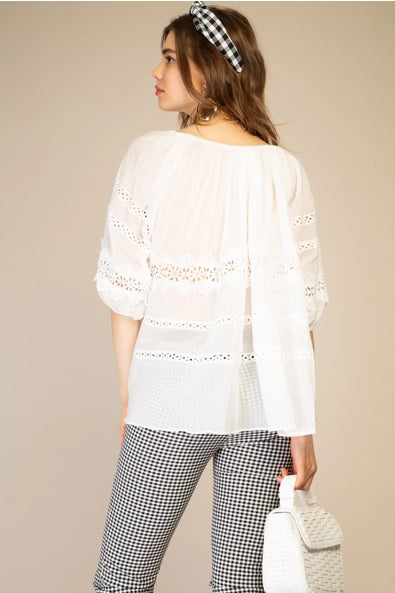 Destiny Oversized Cotton Blouse with Perforated Lace