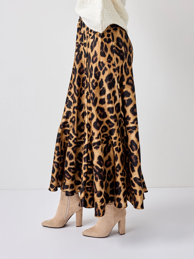 Leopard Satin Midi Skirt