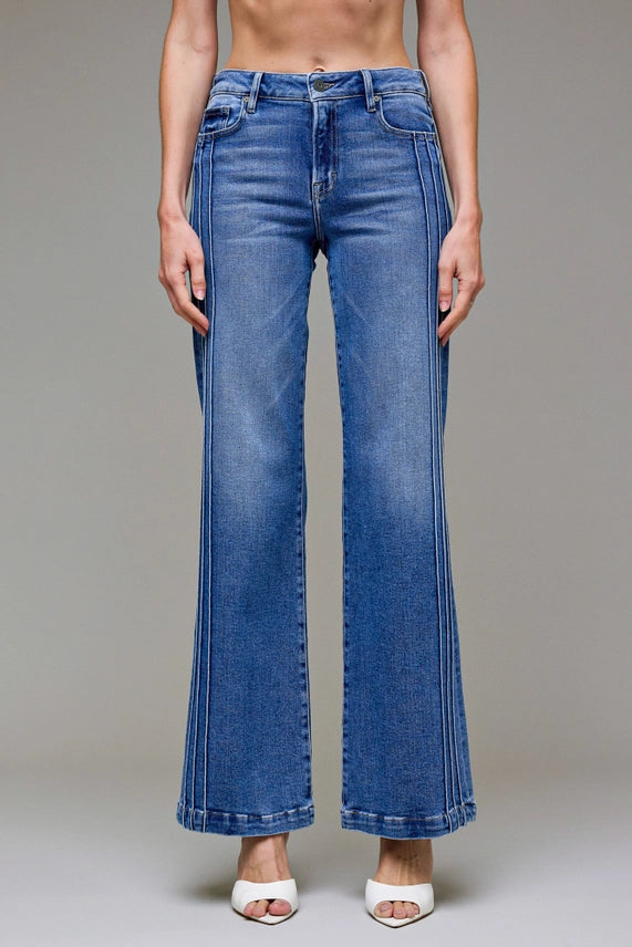 Happy Dark Wash Pintuck Mid Rise Comfort Flare