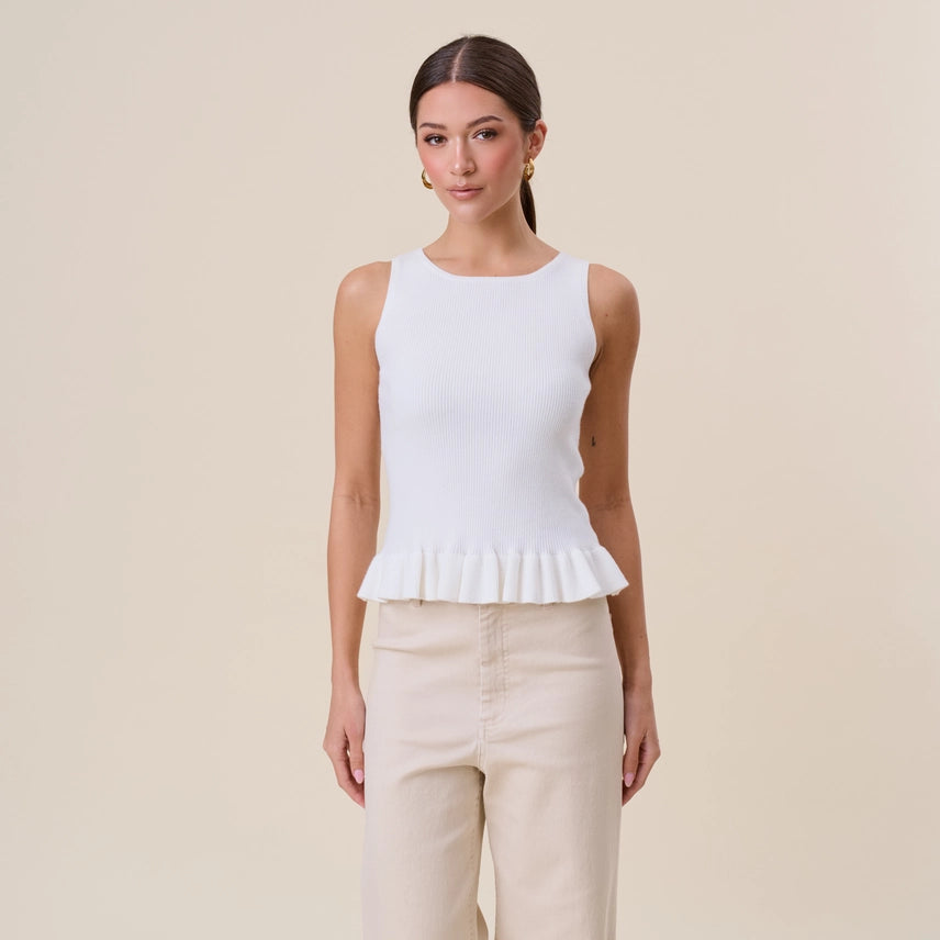 Selina White Ruffle Rib-Knit Top