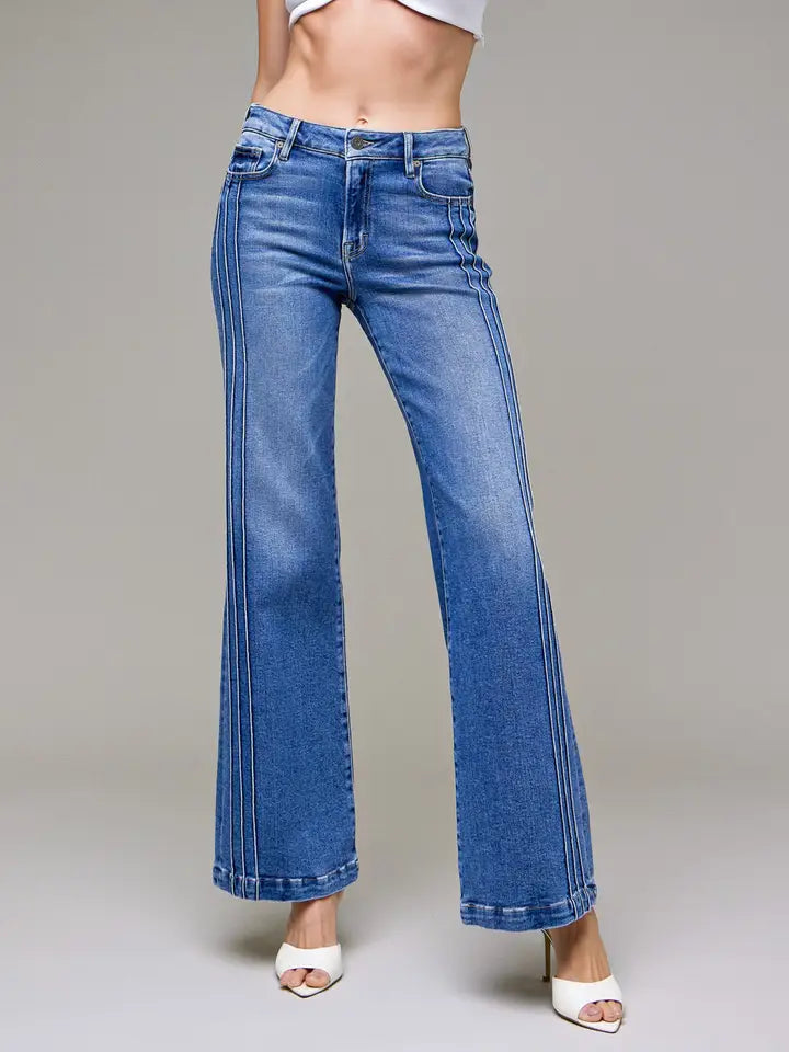 Happy Dark Wash Pintuck Mid Rise Comfort Flare