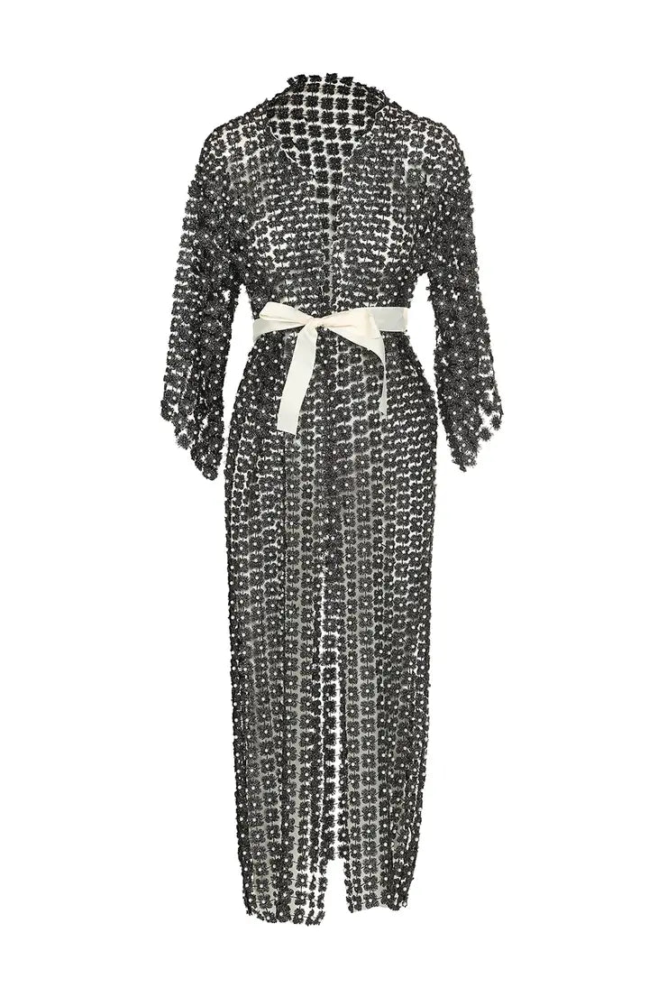 Flower Mesh With Pearl Beads Kimono - White