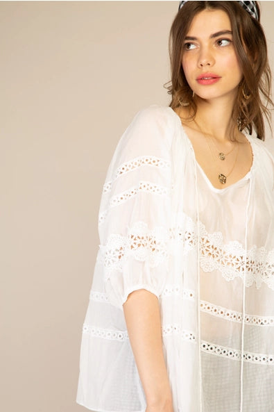 Destiny Oversized Cotton Blouse with Perforated Lace