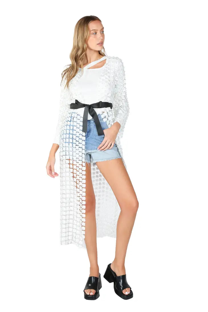 Flower Mesh With Pearl Beads Kimono - White